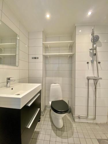 Baño blanco con aseo y lavamanos en Cozy Apartment In The Heart Of Gothenburg, en Gotemburgo