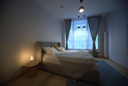 a bedroom with a bed and a window at 3 bedroom apartment in the Old/T in Rīga