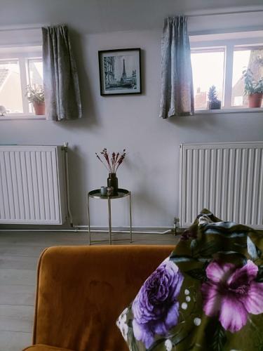 a living room with a couch and two windows at De Lindehoeve Appartement de Deel in Vledder