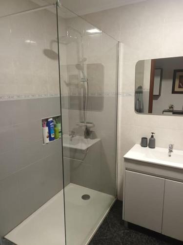 a bathroom with a glass shower and a sink at Casa Miradouro in Ribeira Grande
