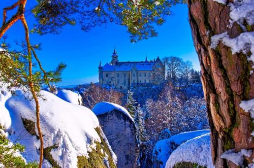 a castle in the winter with snow on the ground at Wellness apartmány Český ráj & Biokolna in Lomnice nad Popelkou