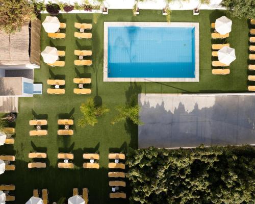 een uitzicht op een tuin met banken en een zwembad bij Sergios Hotel in Chersonissos