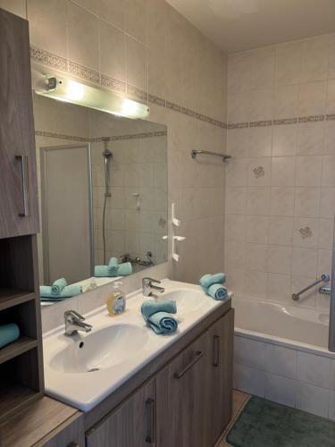 a bathroom with a sink and a bath tub at Appartement mit Seeblick & Seezugang in Sekull