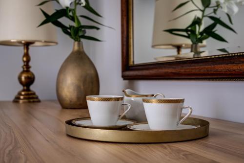 two coffee cups on a tray on a table at Wellness apartmány Český ráj & Biokolna in Lomnice nad Popelkou
