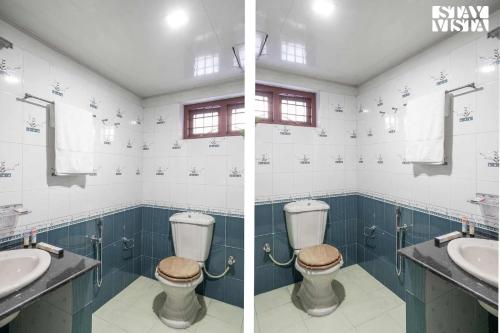 two pictures of a bathroom with a toilet and a sink at StayVista at Periyar Palace- Pet Friendly, River View Villa with Garden in Cochin