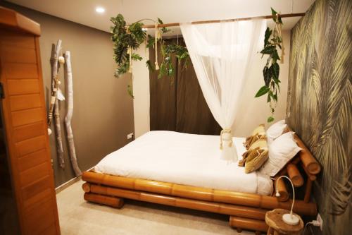 a bedroom with a bed with a mosquito net at L'appart Baobab, avec sauna in Liège