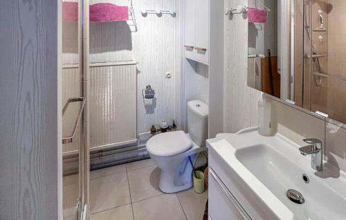 Baño blanco con aseo y lavamanos en Gorgeous Apartment In Bagnres-de-bigorre With Kitchen, en Bagnères-de-Bigorre