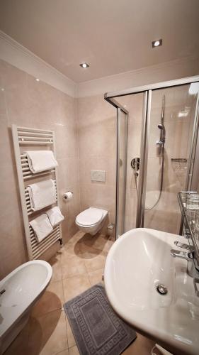 a bathroom with a toilet and a sink and a shower at Hotel Hubertushof in Vipiteno