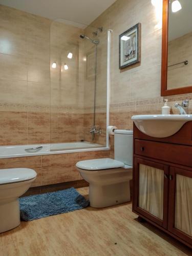 a bathroom with a toilet and a sink and a tub at Casa Rural Islas Galápagos in Berlanga de Duero