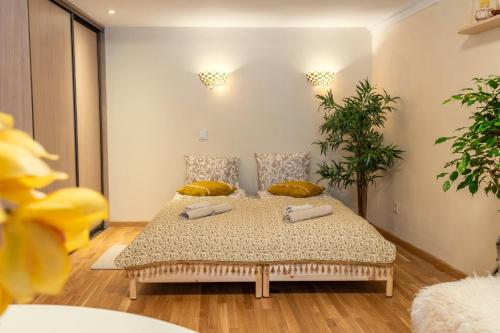 Cozy Suite Roomita في فيلنيوس: غرفة نوم مع سرير مع وسادتين