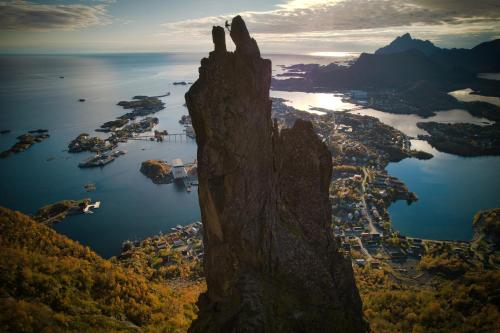 an aerial view of the island of dolomites at Lofoten Rorbuer in Svolv&aelig;r