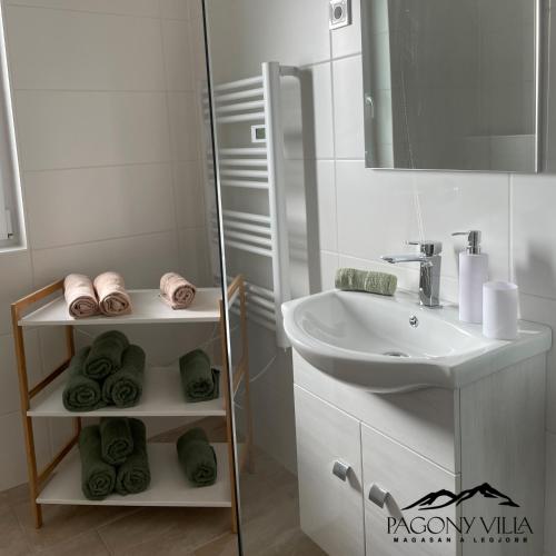 ein Bad mit einem Waschbecken und einem Spiegel in der Unterkunft Pagony Villa in Galyatető
