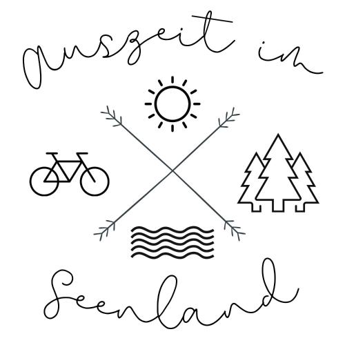 a black and white drawing of a compass with trees and a sun at Kleine Auszeit im Seenland in Hohenbocka