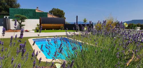 una piscina en un jardín con flores púrpuras en La pépite d'amour en Sainte-Anastasie-sur-Issole