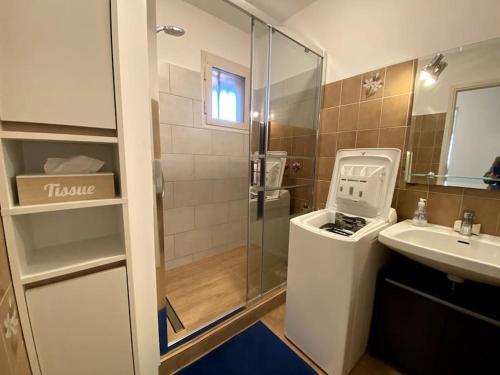 une salle de bain avec un lavabo et une machine à laver dans l'établissement Bel appartement proche des criques - Climatisé, à Six-Fours-les-Plages