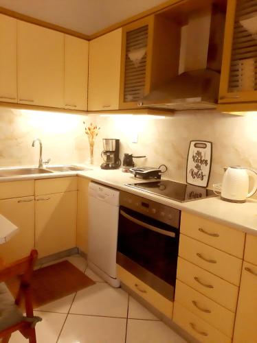 a kitchen with a stove and a sink at Άνετο διαμέρισμα στο κέντρο της πόλης in Aegina Town