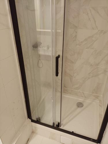 une douche avec une porte vitrée dans une salle de bain dans l'établissement Résidence Saint-Remy, à Saint-Denis