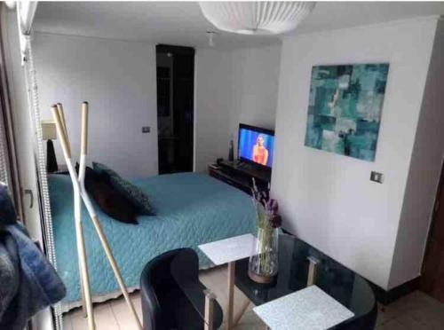 - une chambre avec un lit, un bureau et une télévision dans l'établissement Apartamento zona exclusiva Lad Condes, à Santiago