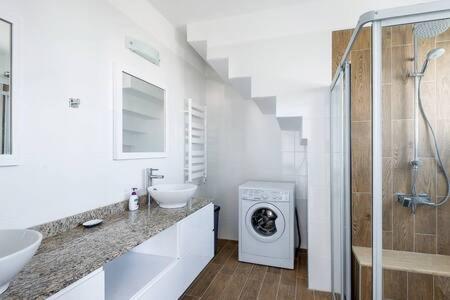 un bagno con lavandino e lavatrice di Joya Cyprus Diamond Deluxe Penthouse Apartment a Saint Amvrosios