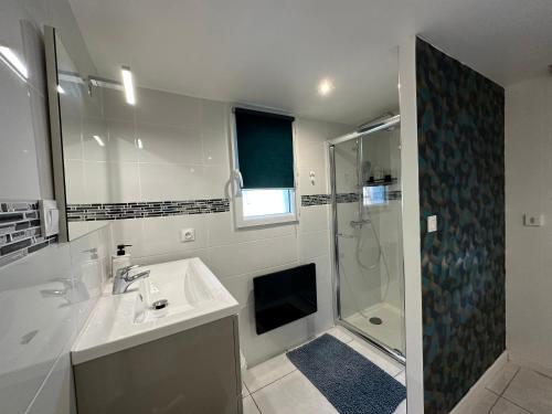La salle de bains blanche est pourvue d'un lavabo et d'une douche. dans l'établissement T&A Lodge AVEC SPA JACUZZI à 11km de la plage, à Solliès-Pont