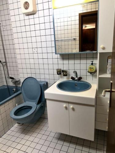 bagno con servizi igienici blu e lavandino di Gemütliche 2.5Zi Wohnung mit Traum-Aussicht a Falera