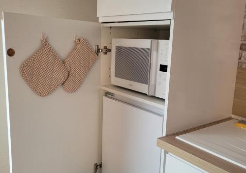 a microwave oven sitting on top of a refrigerator at Les 3 Bulles in Gueux