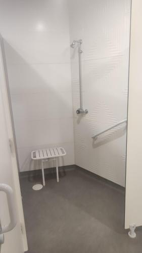 La salle de bains est pourvue d'une cabine de douche, de toilettes et d'un urinoir. dans l'établissement Orion, au Barcarès