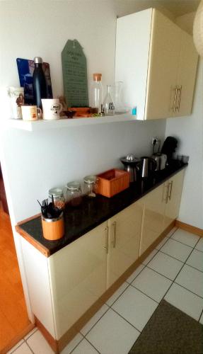 - un comptoir de cuisine avec des casseroles et des poêles dans l'établissement Appartement Centre ville + parking, à Orléans