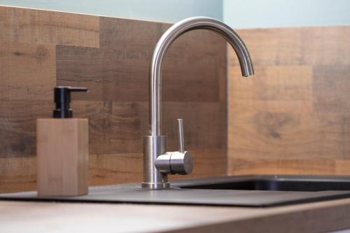 a kitchen sink with a faucet on a counter at Kasa Jura 2 - Centre ville - Proche pistes de ski in Saint-Claude