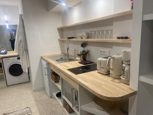 - une cuisine avec un plan de travail, un évier et une cuisinière dans l'établissement ULYSSE, à Canet