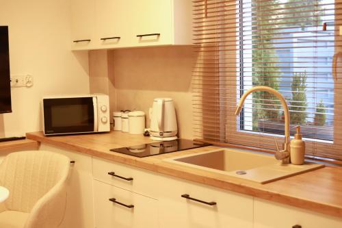 a kitchen with a sink and a microwave at 2 Apartament Miętowy Rumianek in Lwówek