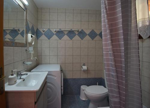 a bathroom with a sink and a toilet and a shower at Pefka Apartments in Votsi