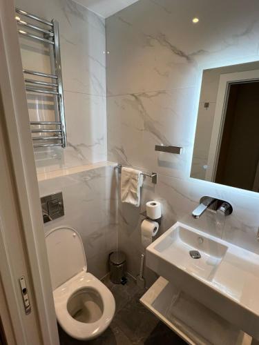 a white bathroom with a toilet and a sink at Hendon Studios in The Hyde