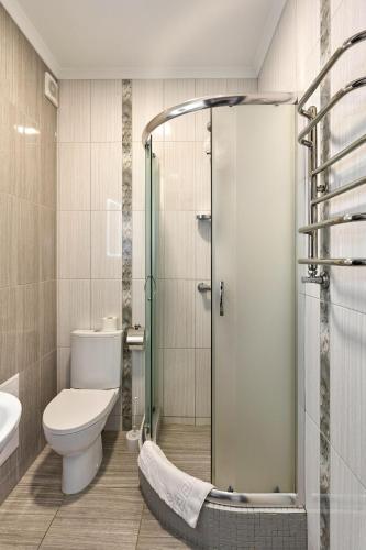 a bathroom with a toilet and a glass shower at Zaporizʹka Sich in Bukovel