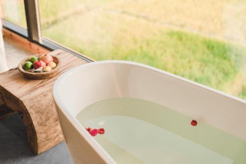 a bath tub filled with lady bugs next to a window at 肇兴溪舍山堂 Creekside Inn in Liping