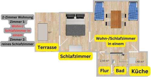 planta de una casa con descripción de la habitación en Ruhige Innenstadtlage mit Terrasse und Netflix en Kassel