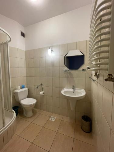 a bathroom with a toilet and a sink at Pensjonat Południe in Wieliczka