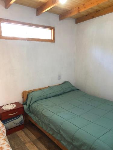 a bedroom with a green bed and a window at Franlu in Lago Puelo