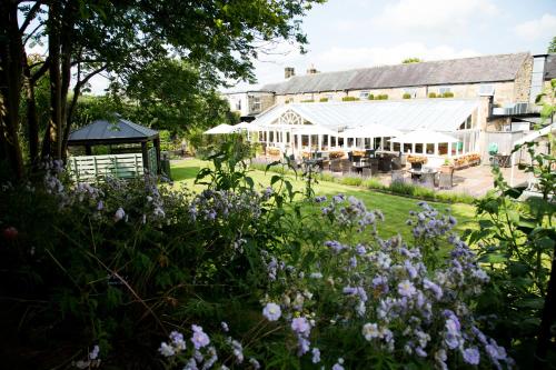 a garden with purple flowers in front of a building at Battlesteads in Wark