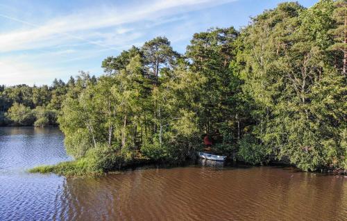a man in a boat on a river with trees at Lovely Home In Munka-Ljungby With Wifi in Munka-Ljungby