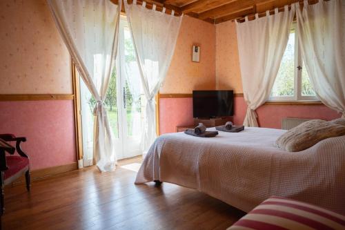 1 Schlafzimmer mit 2 Betten, einem TV und Fenstern in der Unterkunft Maison Périgourdine avec piscine in Montignac