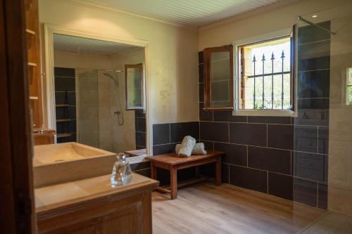 Das Bad ist mit einer Badewanne und einer Dusche ausgestattet. in der Unterkunft Maison Périgourdine avec piscine in Montignac