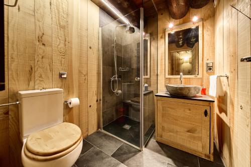 a bathroom with a toilet and a shower and a sink at Borda Climent in Canillo