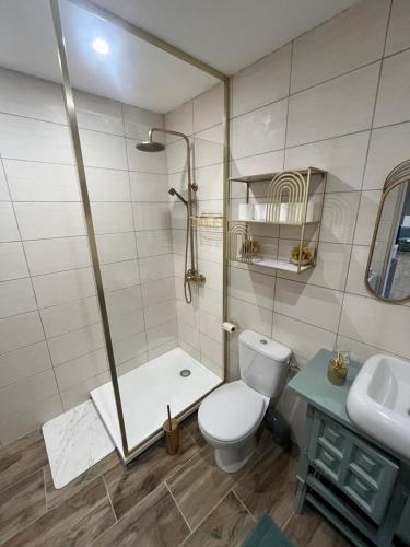 a bathroom with a shower and a toilet and a sink at Chez Mamy in Martres-dʼArtières