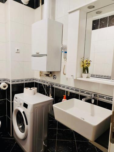 a bathroom with a sink and a washing machine at Nova Galerija Studio Vita i Apartman Sara -parking in garage in Zagreb