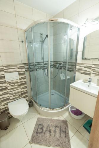 a bathroom with a shower and a toilet and a rug at Ostoja in Turawa
