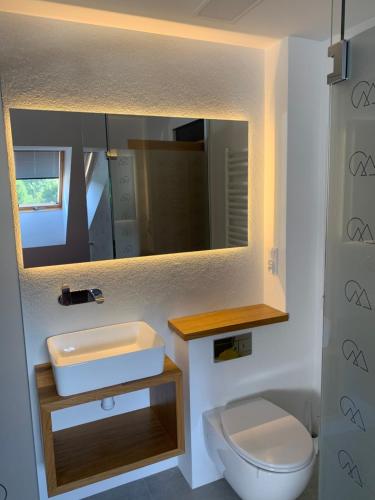 a bathroom with a sink and a toilet and a mirror at Black House 88 in Ustroń