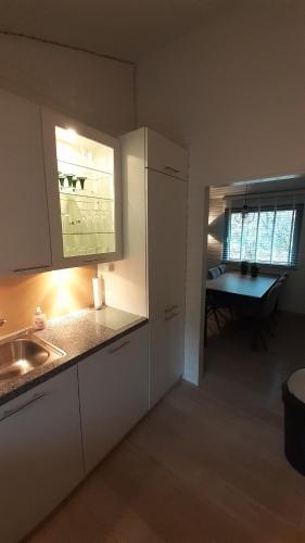 a kitchen with white cabinets and a sink and a window at Ferienhaus Uelsen in Uelsen