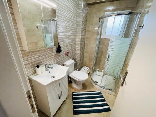 Un baño con inodoro, lavabo y ducha. en ApartHotel Villa Eva 2 bedroom, en Olympiakí Aktí