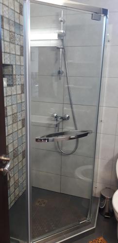 a shower with a glass door in a bathroom at Studio Callatis Central - adults only in Mangalia